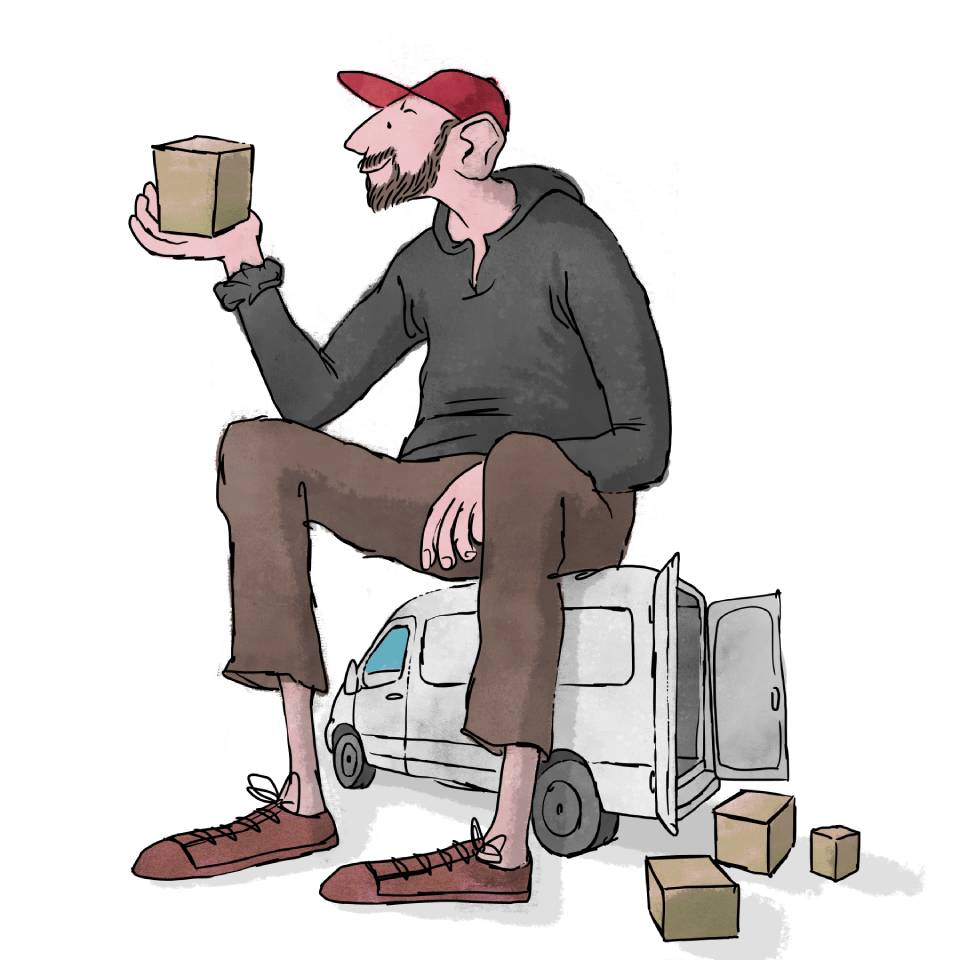 Illustration of big friendly delivery driver sitting on a delivery van holding a parcel.